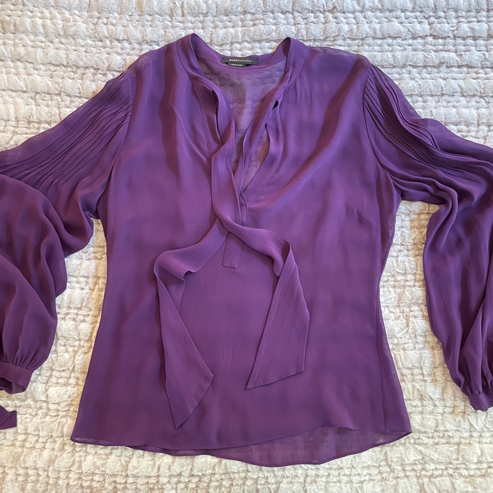 BCBGMAXAZRIA Sheer Purple Pussy Bow Blouse